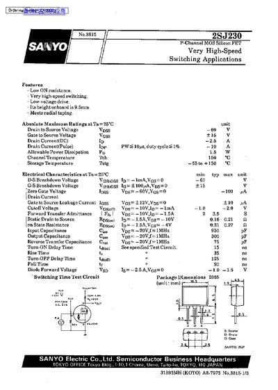SANYO 2SJ230 P-Channel MOSFET Datasheet - cover page