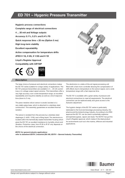 Baumer ED701 Hygienic Pressure Transmitter Datasheet - cover page