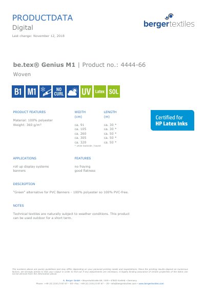 be.tex Genius M1 Digital Woven Material Product Data - cover page