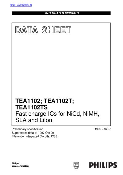 Philips TEA1102 TEA1102T TEA1102TS Fast charge ICs for NiCd NiMH SLA LiIon handbook
