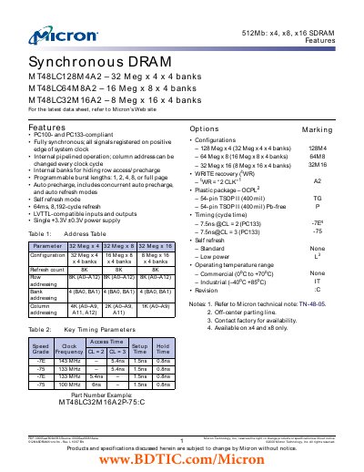 MICRON MT48LC128M4A2TG-75 DataSheet  - cover page