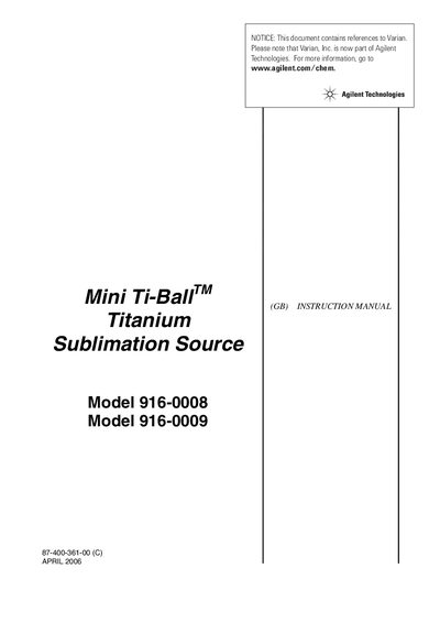 Agilent Technologies Mini Ti-Ball Titanium Sublimation Source 916-0009 Manual - cover page
