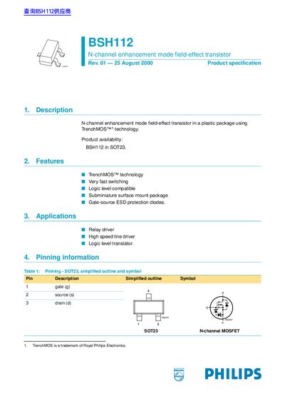 Philips BSH112 N-Channel MOSFET Datasheet - cover page