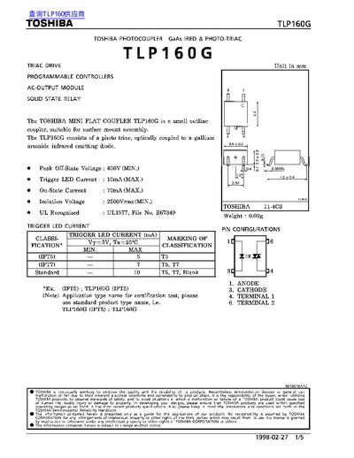 Toshiba TLP160G Photocoupler Datasheet - cover page