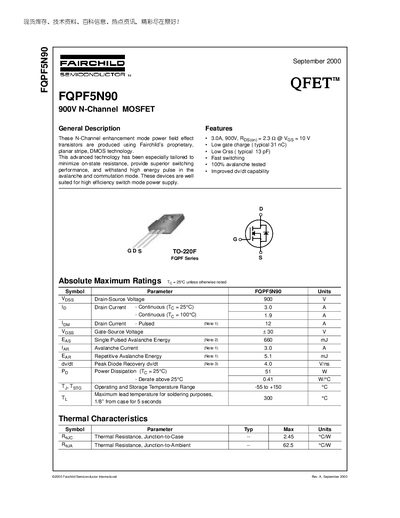 Fairchild FQPF5N90 N-Channel MOSFET Datasheet - cover page