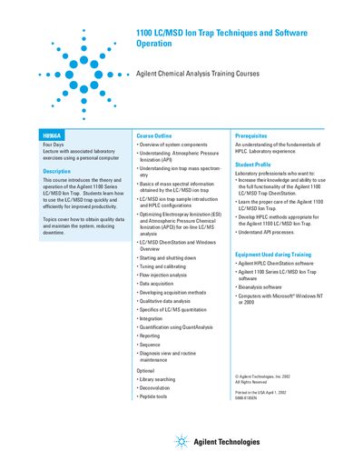 Agilent 1100 LC/MSD Ion Trap Techniques and Software Operation Course Handbook - cover page