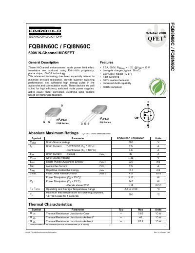 Fairchild FQB8N60C/FQI8N60C 600V N-Channel MOSFET Datasheet - cover page