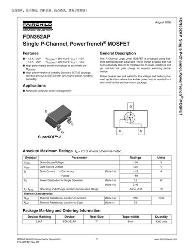 Fairchild FDN352AP P-Channel PowerTrench MOSFET Datasheet - cover page