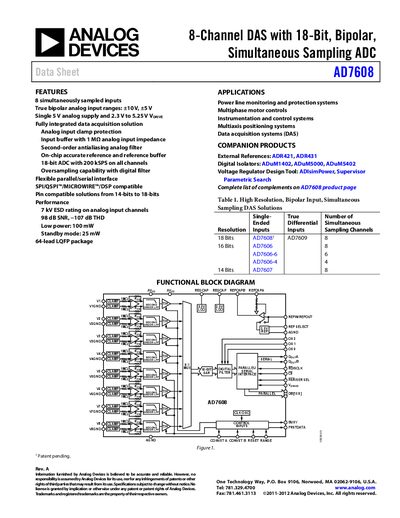 Analog Devices AD7608 8‑Channel 18‑Bit ADC Datasheet - cover page