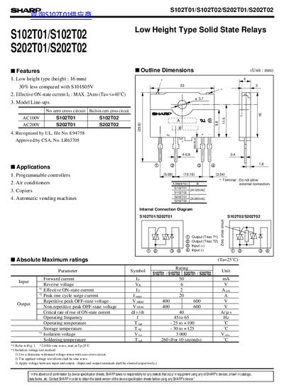 Sharp S102T01/S102T02/S202T01/S202T02 Solid State Relay Data Sheet