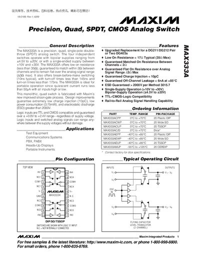 Maxim MAX333A Precision Quad SPDT CMOS Analog Switch Datasheet - cover page