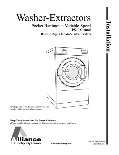 Alliance Laundry Systems PS40 Washer-Extractor Installation Guide - cover page
