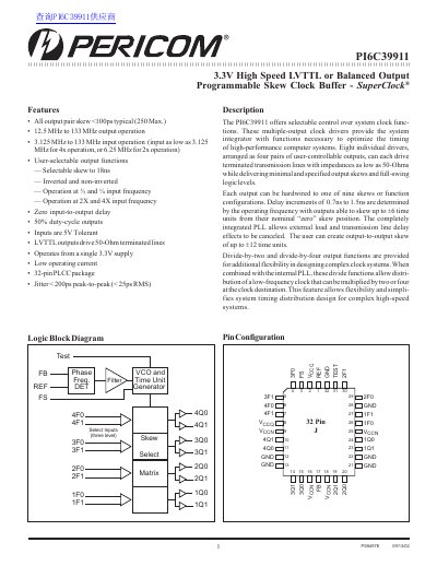 Pericom PI6C39911 Clock Buffer Datasheet - cover page