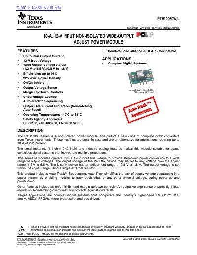 Texas Instruments PTH12060W/L 10-A Power Module Datasheet - cover page