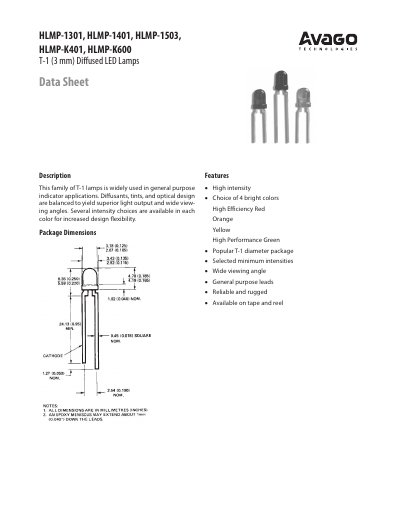 Avago HLMP-1301/HLMP-1401/HLMP-1503/HLMP-K401/HLMP-K600 T-1 Series LED Lamps Datasheet - cover page
