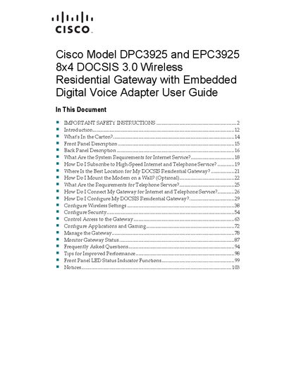 Cisco DPC3925/EPC3925 Residential Gateway User Manual - cover page