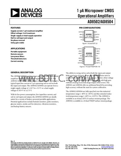 Analog Devices AD8502/AD8504 Operational Amplifier Datasheet - cover page