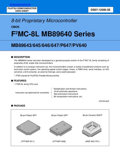 FUJITSU SEMICONDUCTOR 8-bit Proprietary Microcontroller CMOS F2 MC-8L MB89640 Series MB89643/645/646/647/P647/PV640 handbook - cover page