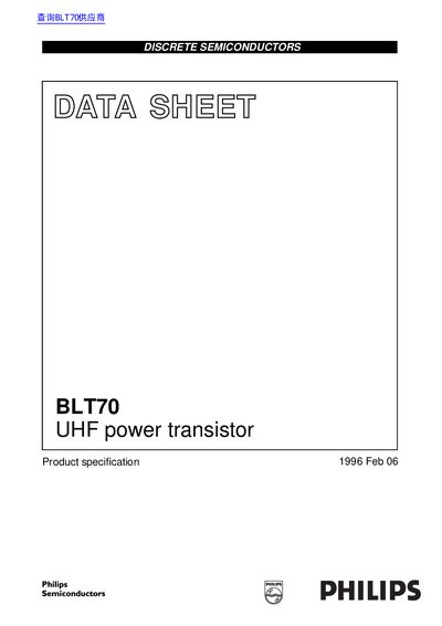 Philips BLT70 UHF Power Transistor Data Sheet - cover page