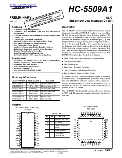 Intersil HC-5509A1 Subscriber Line Interface Circuit Datasheet - cover page