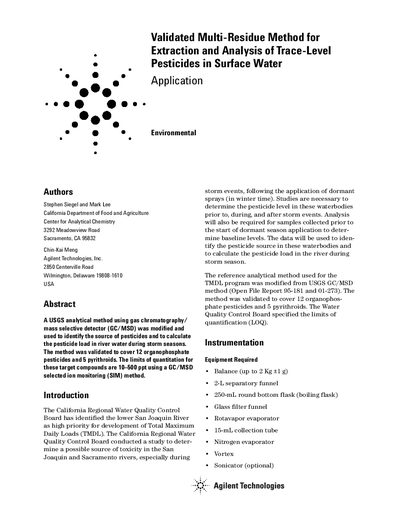 Agilent Validated Multi-Residue Method for Extraction Analysis of Trace-Level Pesticides in Surface Water - cover page