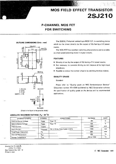NEC 2SJ210 P-Channel MOS FET Datasheet - cover page