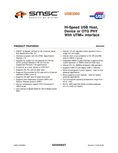 SMSC USB3500 USB 2.0 PHY Datasheet