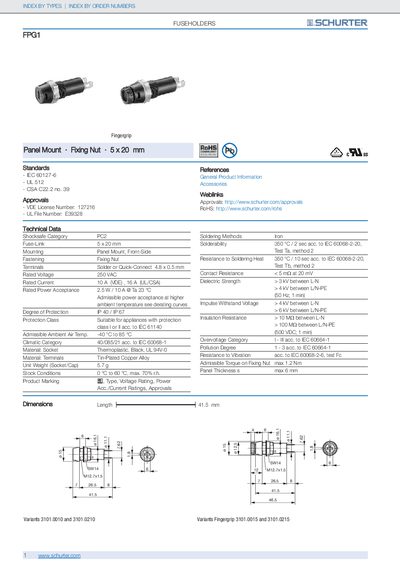SCHURTER FPG1 Fuseholder Index by Types and Order Numbers - cover page