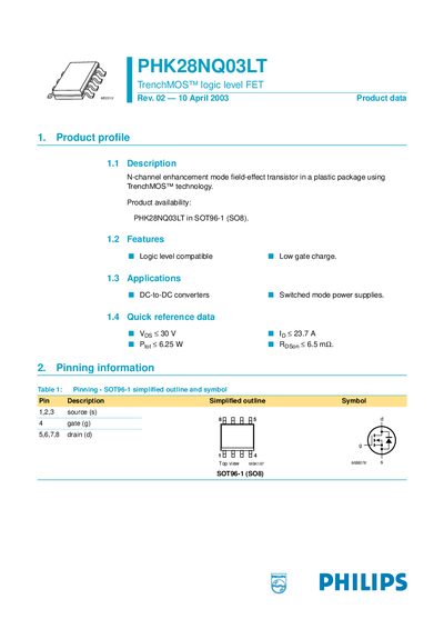 Philips PHK28NQ03LT TrenchMOS Logic Level FET Datasheet - cover page