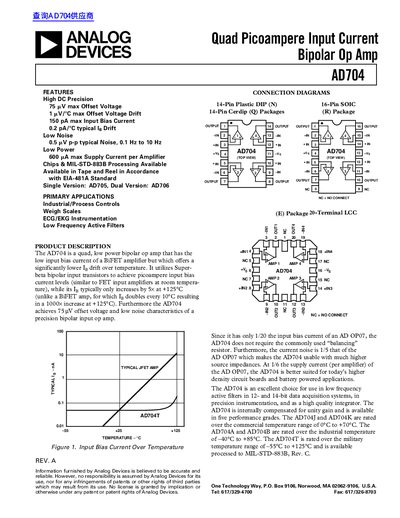 Analog Devices AD704 Quad Picoampere Input Current Bipolar Op Amp Datasheet - cover page