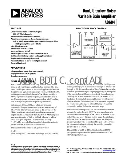 Analog Devices AD604 Variable Gain Amplifier Datasheet - cover page