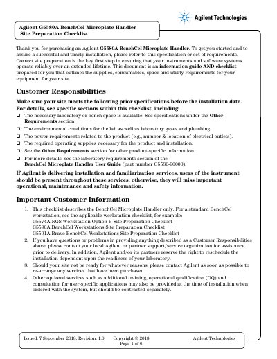 Agilent G5580A BenchCel Microplate Handler Site Preparation Checklist - cover page