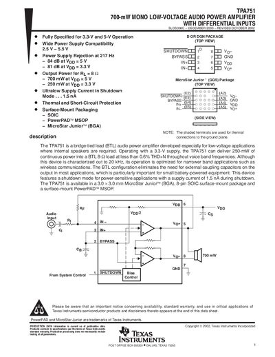 Texas Instruments TPA751 Audio Power Amplifier Handbook - cover page