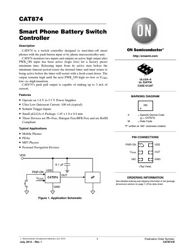 CAT874 Smart Phone Battery Switch Controller Datasheet - cover page