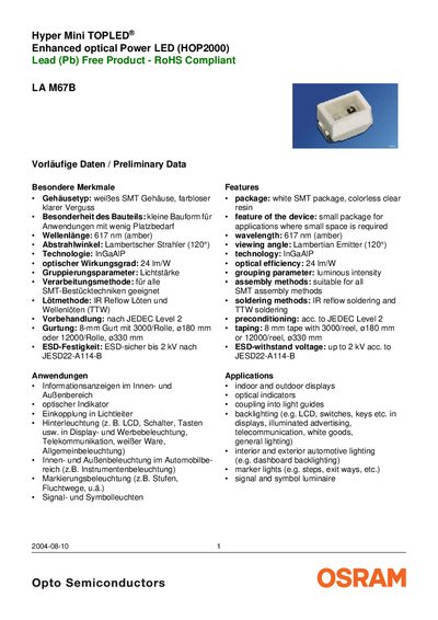 OSRAM LA M67B LED Datasheet - cover page