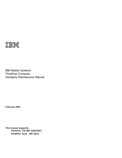 IBM ThinkPad T30 Hardware Maintenance Manual - cover page