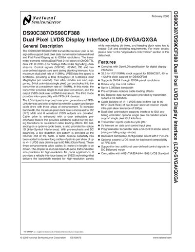 National Semiconductor DS90C387/DS90CF388 Dual Pixel LVDS Display Interface Datasheet - cover page