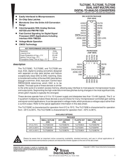 TEXAS INSTRUMENTS TLC7528C TLC7528E TLC7528I DUAL 8-BIT MULTIPLYING DIGITAL-TO-ANALOG CONVERTERS handbook - cover page