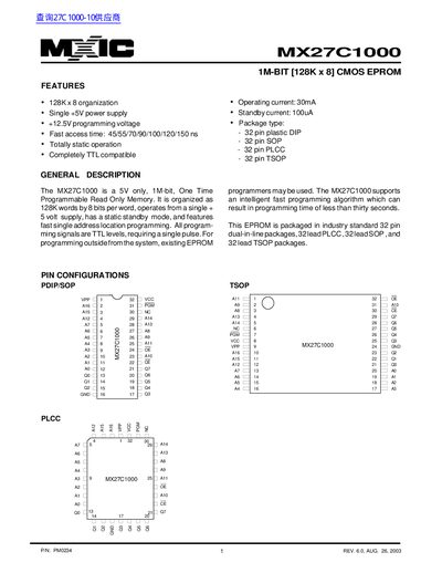 Macronix MX27C1000 1M-bit CMOS EPROM Datasheet - cover page