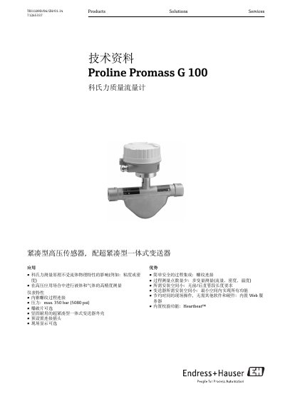 Endress+Hauser Proline Promass G 100 Coriolis Mass Flowmeter User Manual - cover page