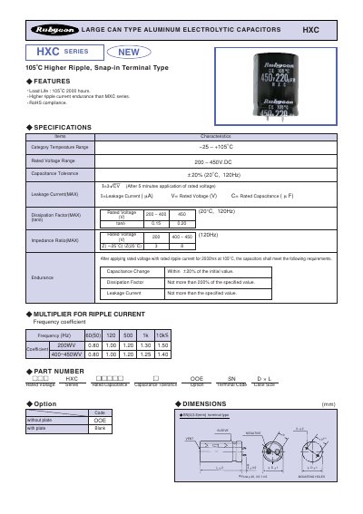 Rubycon HXC Series Large Can Type Aluminum Electrolytic Capacitors Datasheet - cover page