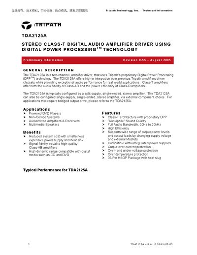 Tripath TDA2125A Stereo Class‑T Audio Amplifier Driver Datasheet