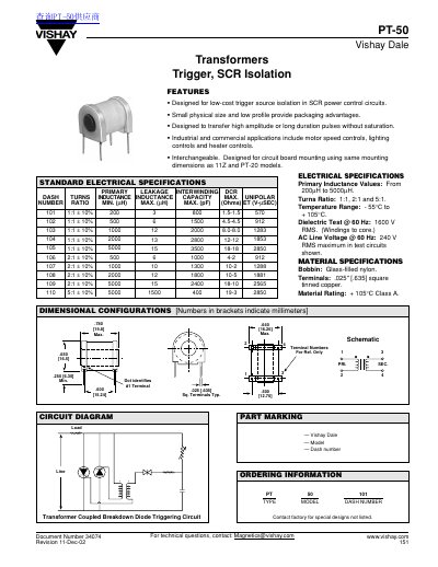 Vishay Dale PT-50 Transformer Datasheet - cover page