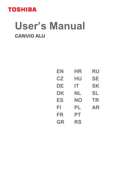 TOSHIBA CANVIO ALU External Hard Drive User's Manual - cover page