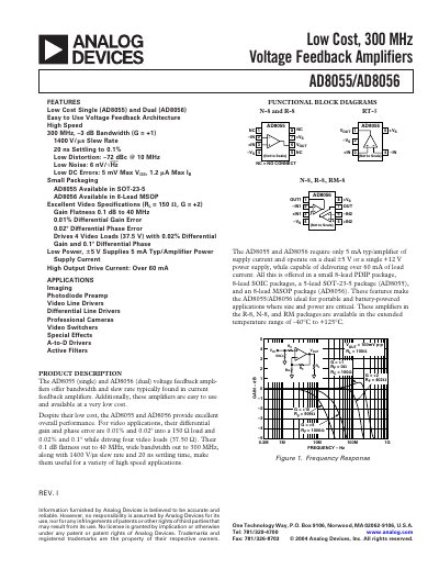 Analog Devices AD8055/AD8056 Low Cost 300 MHz Voltage Feedback Amplifier Datasheet - cover page