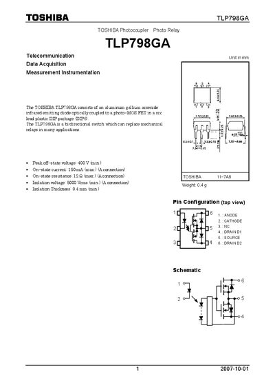 Toshiba TLP798GA Photocoupler Photo Relay Datasheet
