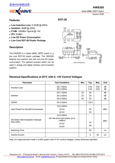 Hexawave HWS305 GaAs MMIC SPDT Switch Datasheet - cover page