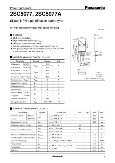 Panasonic 2SC5077/2SC5077A Power Transistor Datasheet - cover page