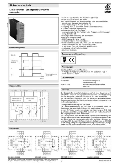 DOLD BG 5925/900 safemaster Light Barrier Switch Device Datasheet - cover page