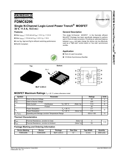 Fairchild Semiconductor FDMC6296 Single N-Channel Logic-Level Power Trench MOSFET Datasheet - cover page